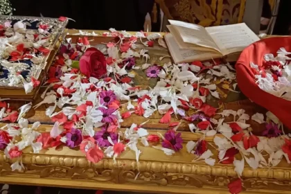 Red and white flower petals prepared for the Epitaphios procession at Easter in Corfu