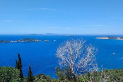 Deep blue sea and offshore islets off the north coast of Corfu