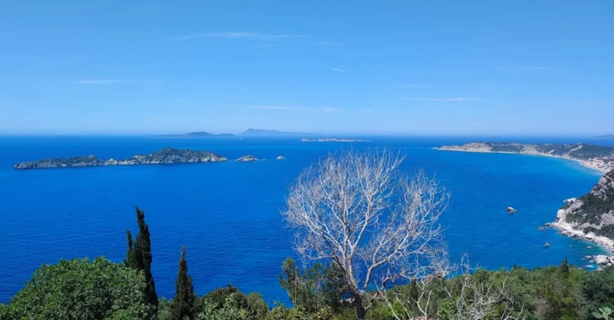 Deep blue sea and offshore islets off the north coast of Corfu